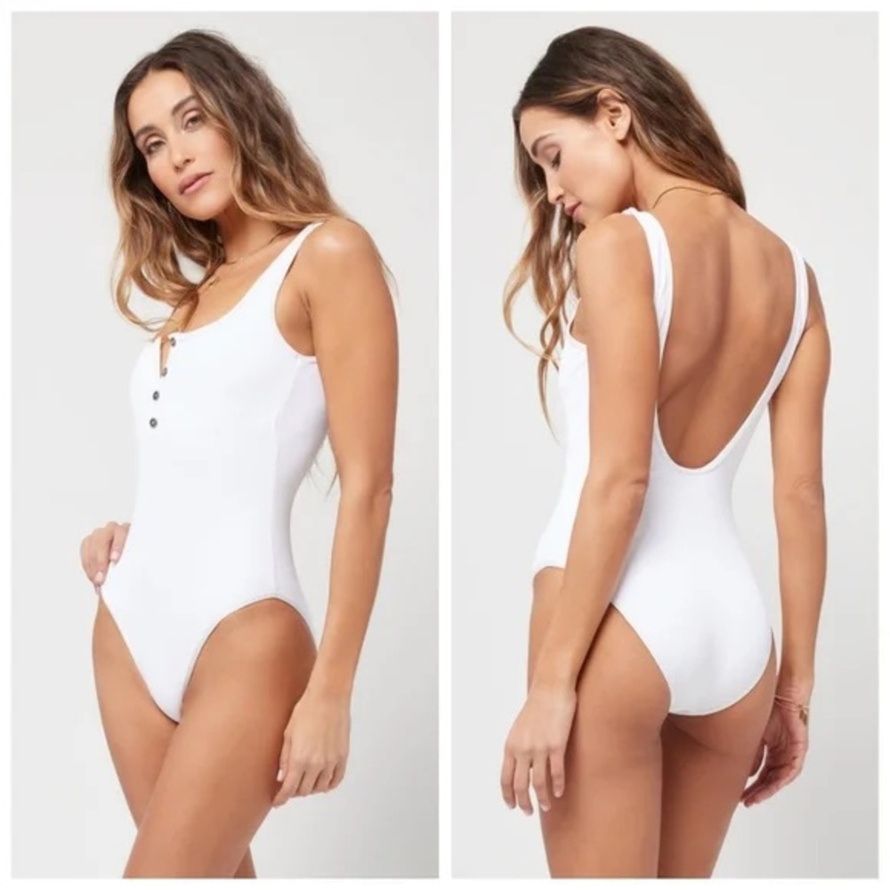 L*Space Float On Henley button up one-piece swimsuit, White, size XS
